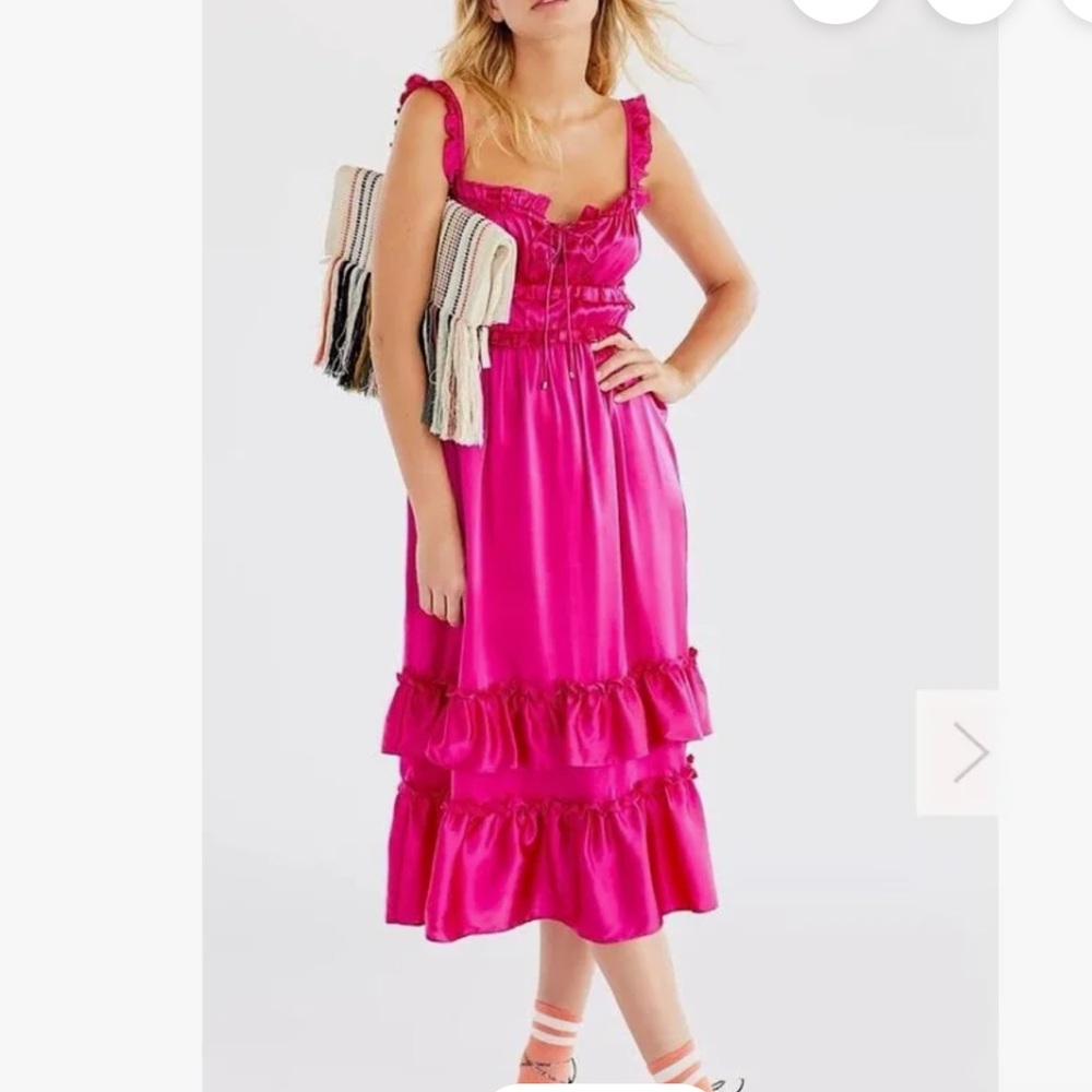 Free People Silk Hansen & Gretel Hot Pink Satin Bella Donna Midi Dress Large NWT
